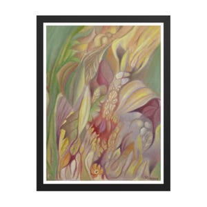May include: An abstract painting in a black frame. The artwork features a colorful composition of leaves and floral elements in shades of yellow, orange, red, and green. The painting has a soft, blended style.