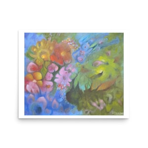 May include: An abstract floral print featuring a variety of colorful flowers in shades of pink, yellow, and orange against a blue background. The artwork has a soft, painterly quality, with visible brushstrokes and a textured appearance.
