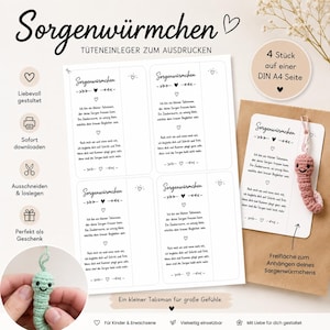 Sorgenwürmchen Tüteneinleger | Druckvorlage PDF | 4 Karten auf DIN A4 | Geschenkidee | Anhänger für Sorgenwurm | Sofortdownload