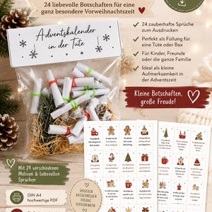 Könnte beinhalten: Ein digitaler Download für einen Adventskalender in der Tüte, bestehend aus einer druckbaren PDF-Datei mit 24 weihnachtlichen Botschaften und Motiven. Das Set enthält eine Kopfkarte, eine Anleitung zum Ausdrucken und Ausschneiden sowie eine durchsichtige Tüte mit gerollten Papierstreifen, die mit bunten Gummibändern, Tannennadeln und Tannenzapfen gefüllt ist.