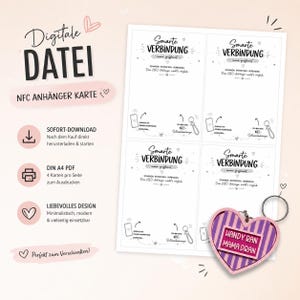 May include: A digital file for NFC tag cards featuring four printable templates on an A4 sheet. The cards include instructions for smartphone scanning and connection. A heart-shaped keychain with purple stripes and the text HANDY RAN MAMA DRAN is shown.