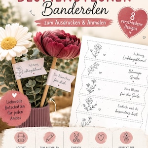 Könnte beinhalten: Eine Druckdatei für Blumenstecker-Banderolen mit acht verschiedenen Designs. Das Blatt enthält schwarz-weiße Strichzeichnungen von Blumen und deutsche Textphrasen wie Achtung, Lieblingsblume! und Ein Blümchen für dich, die ausgedruckt, ausgemalt, ausgeschnitten und an Holzstäbchen in einer Vase befestigt werden.