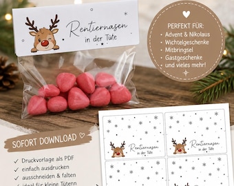 Rentiernasen in der Tüte PDF Vorlage | Weihnachten Mitbringsel & Wichtelgeschenk | Etiketten zum Ausdrucken | Nikolaus Geschenkidee