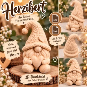 Könnte beinhalten: Eine 3D-Druckdatei für eine Zwergenfigur namens Herzibert mit einer gestrickten Mütze, einem Bart und einem Herz in den Händen. Das Design umfasst STL- und 3MF-Dateiformate für den 3D-Druck, ergänzt durch Textbeschriftungen, die den Zwerg als kleinen Herzenswichtel bezeichnen.