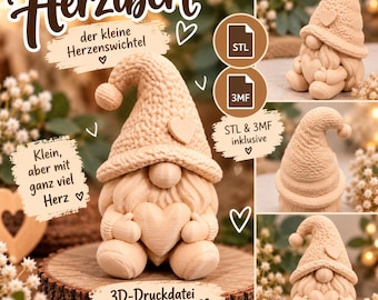 Pode incluir: Um arquivo digital imprimível em 3D de uma figura de gnomo chamada Herzibert, com um gorro de tricô texturizado, uma barba e um coração nas mãos. O design inclui formatos de arquivo STL e 3MF para impressão 3D, com texto em alemão descrevendo o gnomo como um pequeno personagem cheio de coração.