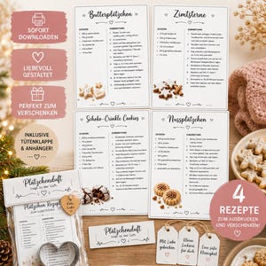 Könnte beinhalten: Ein digitales Set aus vier druckbaren Plätzchen-Rezeptkarten für Butterplätzchen, Zimtsterne, Schoko-Crinkle Cookies und Nussplätzchen. Enthält einen Klarsichtbeutel mit herzförmigem Ausstecher, Geschenkanhänger und erklärendem Text.