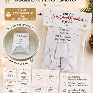 May include: A DIY Christmas activity kit featuring printable sheets with star-shaped templates and instructions in German. The kit includes a clear plastic bag filled with folded white paper packets that open when placed in a bowl of water.