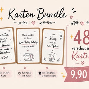Può includere: Un set di 48 carte con sfondo chiaro e bordi marroni. Le carte presentano testo e illustrazioni in nero, tra cui un cesto della biancheria e un cane. Il testo include 'Karten Bundle', 'Kreative VERSTEHEN DEN SATZ', 'Mama werden ist leicht' e 'Mein Herz läuft auf vier Pfoten'.