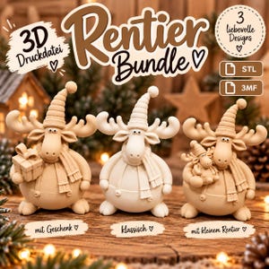 Könnte beinhalten: Ein 3D-Druckdatei-Bundle mit drei beigen Rentierfiguren in gerippten Mützen und Schals. Das erste hält ein Geschenk, das zweite ist klassisch, das dritte hält ein kleines Rentier. Text: 3D Druckdatei, Rentier Bundle, 3 liebevolle Designs, STL, 3MF, mit Geschenk, klassisch, mit kleinem Rentier.