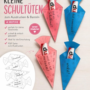 Könnte beinhalten: Vier kegelförmige Geschenktüten aus Papier in Pink und Blau mit Stern-, Kreis- und Herzmustern. Jede Tüte enthält einen weißen Riegel mit dem Aufdruck 'du'. Das Bild enthält deutschen Text sowie eine Vorlage mit schwarz-weißen Umrissen.
