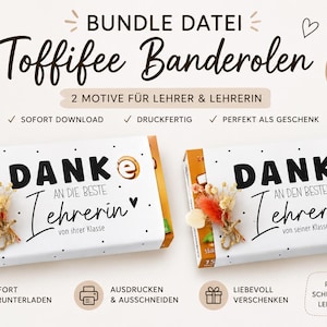 Pode incluir: Dois invólucros de papel retangulares para caixas de Toffifee com fundos brancos, bolinhas pretas e texto. Um diz 'DANKE AN DIE BESTE Lehrerin', o outro 'DANKE AN DEN BESTEN Lehrer'. Ambos incluem uma pequena decoração de flores secas.
