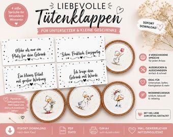 May include: A digital download set featuring four rectangular cards with German text and four circular cork coasters. The cards display phrases like Mehr als nur ein Platz für dein Getränk and Ein kleines Detail mit großer Wirkung. The coasters feature illustrations of ducks.