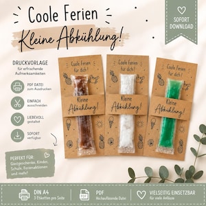 Op de afbeelding: Drie bruine papieren kaarten met de tekst Coole Ferien Kleine Abkühlung, elk met een plastic ijsje in bruin, wit of groen. De kaarten bevatten illustraties van ananassen, krabben, ijsjes en zonnen, met aanvullende Duitse tekst over PDF-downloads en printinstructies.