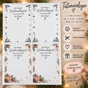 Könnte beinhalten: Ein druckbares A4-Blatt mit vier rechteckigen Geschenkanhängern in zwei verschiedenen Designs. Zwei Anhänger zeigen schwarze Strichzeichnungen von Tannenzweigen und Sternen, zwei weitere zeigen farbige Illustrationen von Tannenzweigen, Beeren und Geschenken.