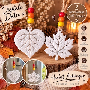 May include: Two white 3D printed leaf ornaments, one heart-shaped and one maple leaf, each hanging from a jute twine string with red, orange, and yellow wooden beads. Text includes Digitale Datei, 2 verschiedene 3MF-Dateien, and Herbst Anhänger.