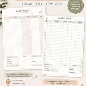 May include: A printable Kassenbuch financial ledger template featuring two white pages with black text and grid lines for tracking monthly income and expenses. The layout includes sections for dates, descriptions, totals, and summaries in a clean, organized format.