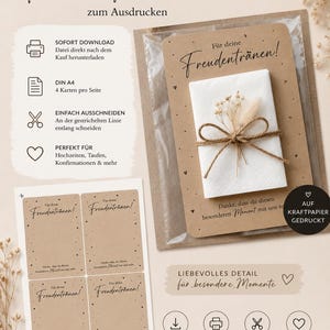 May include: A digital download template for wedding tissue packets featuring kraft paper cards with the text 'Für deine Freudentränen!' and small heart icons. The set includes a printable A4 sheet with four cards and instructions for printing and cutting.