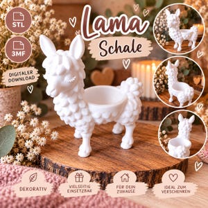 Può includere: Una ciotola bianca a forma di lama stampata in 3D con un aspetto testurizzato e lanoso e occhi chiusi. L'immagine include il testo "Lama Schale", "STL", "3MF" e "DIGITALER DOWNLOAD", insieme a icone e viste circolari della ciotola.