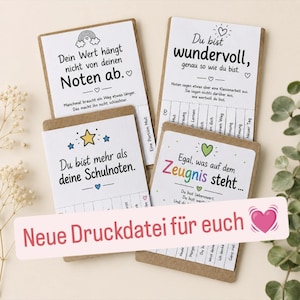 Könnte beinhalten: Vier rechteckige Karten mit weißer Vorderseite und brauner Rückseite aus Karton, bedruckt mit deutschem Text und kleinen Illustrationen wie Herzen, Sternen und einem Regenbogen. Ein rosa Banner mit dem Text Neue Druckdatei für euch liegt darüber.