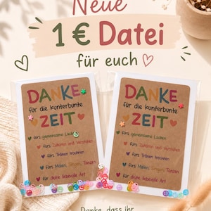 Puede incluir: Dos tarjetas rectangulares con fondo de papel marrón que presentan el texto en alemán "DANKE für die kunterbunte ZEIT" seguido de una lista de frases de agradecimiento y pequeñas cuentas coloridas de caritas sonrientes en los bordes.