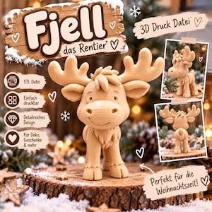 Könnte beinhalten: Eine 3D-gedruckte, hellbraune Rentierfigur mit großem Geweih und einer Haartolle auf dem Kopf. Das Bild enthält Textbeschriftungen: Fjell das Rentier, 3D Druck Datei, STL Datei, Einfach druckbar, Detailreiches Design, Für Deko, Geschenke & mehr sowie Perfekt für die Weihnachtszeit.