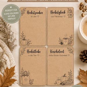 Inserti stampabili per sacchetti regalo autunnali | 4 biglietti autunnali in stile boho | Design su carta kraft | PDF formato DIN A4 | Carta da regalo stampabile