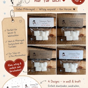 Könnte beinhalten: Ein digitaler PDF-Download mit vier druckbaren Etiketten für Tütchen, die einen Schneemann und den Text Schneemann Pupse, eine Portion nur für dich zeigen. Das Set enthält Designs auf weißem Papier und in Kraftpapier-Optik.