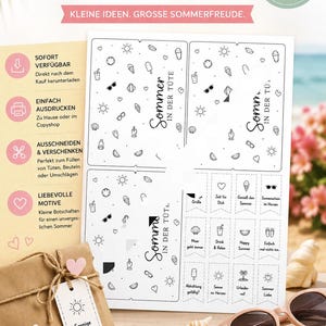 Könnte beinhalten: Ein druckbares A4-PDF-Blatt mit schwarz-weißen sommerlichen Symbolen und Etiketten mit dem Text Sommer in der Tüte. Das Blatt enthält kleine Anhänger mit Sprüchen wie Zeit für Dich und Happy Summer sowie eine braune Papiertüte als Geschenk.