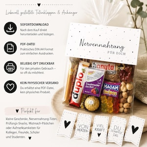 Peut inclure: Un fichier PDF numérique pour des étiquettes et des fermetures de sachets imprimables avec le texte 'Nervennahrung FÜR DICH'. Le design présente du papier blanc avec des cœurs et des points noirs, destiné à décorer des sachets de friandises.