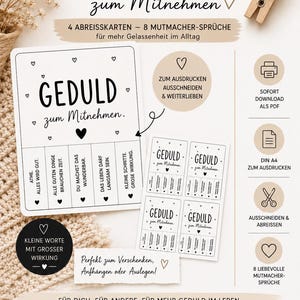 Könnte beinhalten: Ein digitales Set zum Ausdrucken mit dem Text GEDULD zum Mitnehmen, bestehend aus 4 Abreißkarten und 8 Mutmacher-Sprüchen. Das Design enthält Herzsymbole, Anleitungen zum Ausschneiden sowie Icons für den A4-Druck, Download und Scheren.
