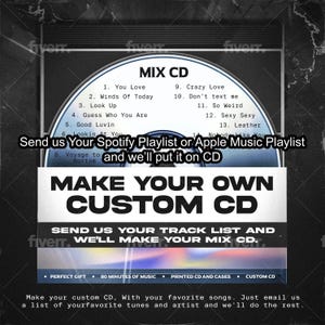 CD de mixtape, CD de mezclas, CD personalizado, mixtape en CD, CD personalizado. Haremos un CD de mezclas para ti. Envíanos tu lista o lista de reproducción de Spotify por correo electrónico. Estuche gratis.