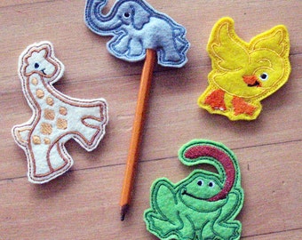 Party favors, Pencil toppers, animal pencil toppers, Felt, Embroidered Pencil topper, giraffe, frog, monkey, duck, elephant