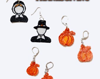 Earrings, holiday earrings, Thanksgiving earrings, jewelry, Pilgrim earrings, Pumpkin earrings, drop and dangle earrings, embroidery