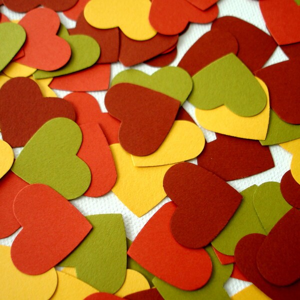 Autumn foliage wedding - 100 paper hearts confetti for a fall wedding - chesnut, olive, copper, yellow hearts - one inch