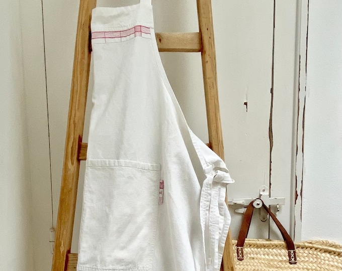 Gorgeous Vintage French  Handmade Linen/Cotton Wrap Around Apron with Red Check Torchon Details