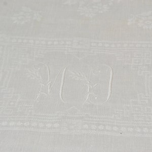 Antique French Pure White Fine Linen Damask MD Monogrammed Napkin Set of Three/Organic Natural Antique Textile