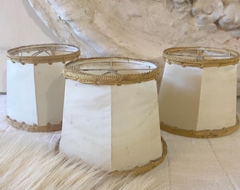 Set of Three Vintage French Clip-On Lampshades in Cream Silk with Gold Braiding
