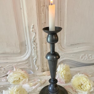 Antique French Old  Pewter Tall Candlestick with Fleur de Lys Design