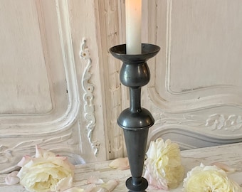 Antique French Old  Pewter Tall Candlestick with Fleur de Lys Design
