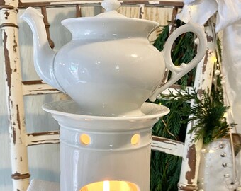 19th Century Paris Porcelain White Tea Pot for One on Warming Stand