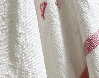 Beautiful Rustic 19th Century Antique French Large Hand Loomed Linen Dish Towel with Woven Faded Red Stripe and MB Monogram