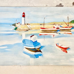 Beautiful Vibrant Vintage French Oil Painting of Lighthouse and Boats at the Beach 38cm x 55cm
