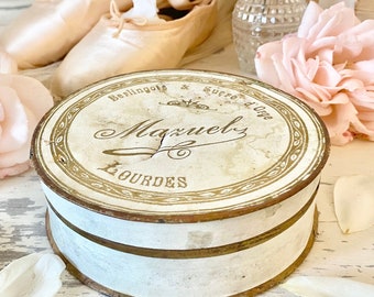 Antique French Pale Cream and Gold Mazuely Bon Bon Tin from Lourdes
