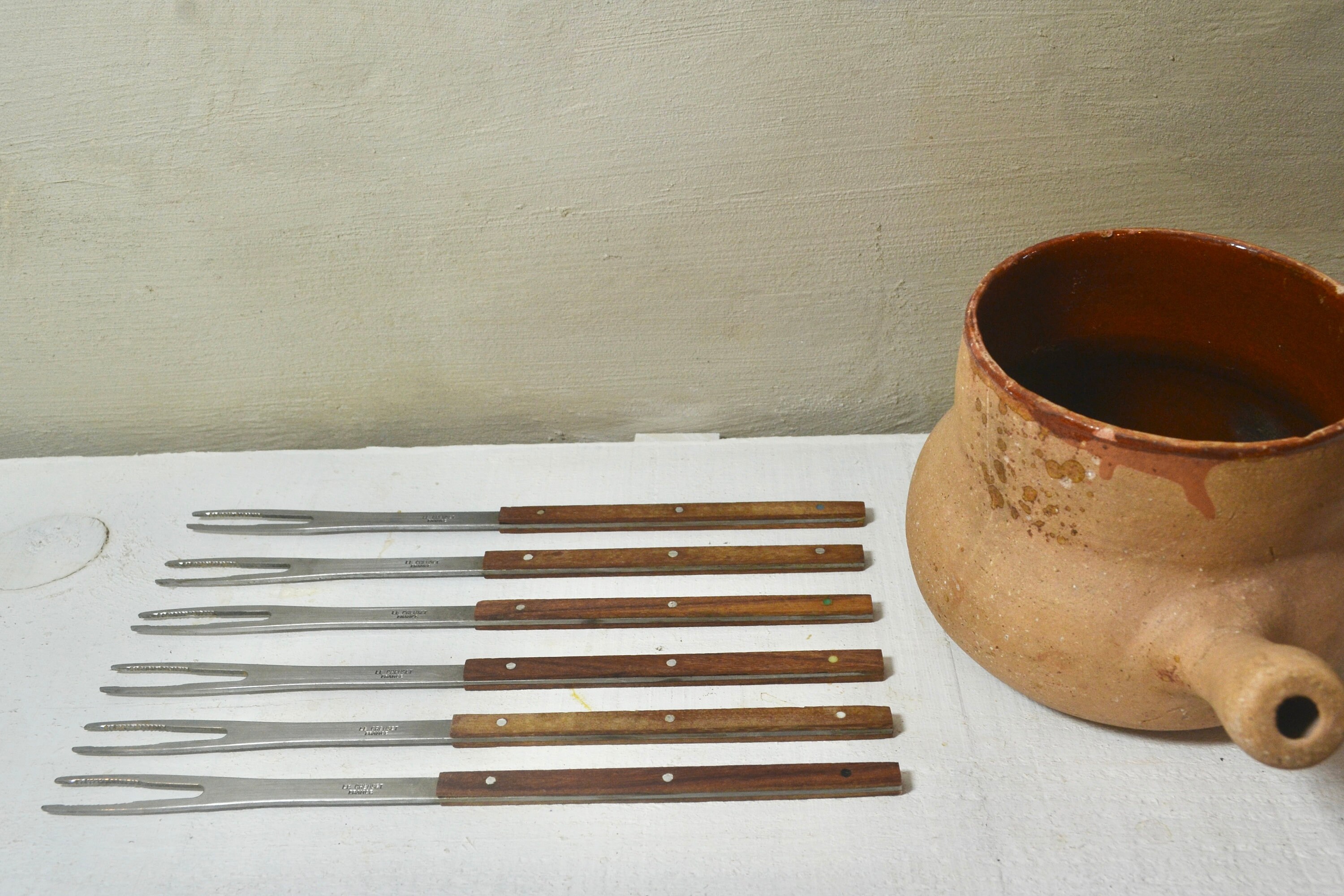 6 Fourchettes à Fondue Le Creuset 2 Dents, Boîte Bois, Fabrication France