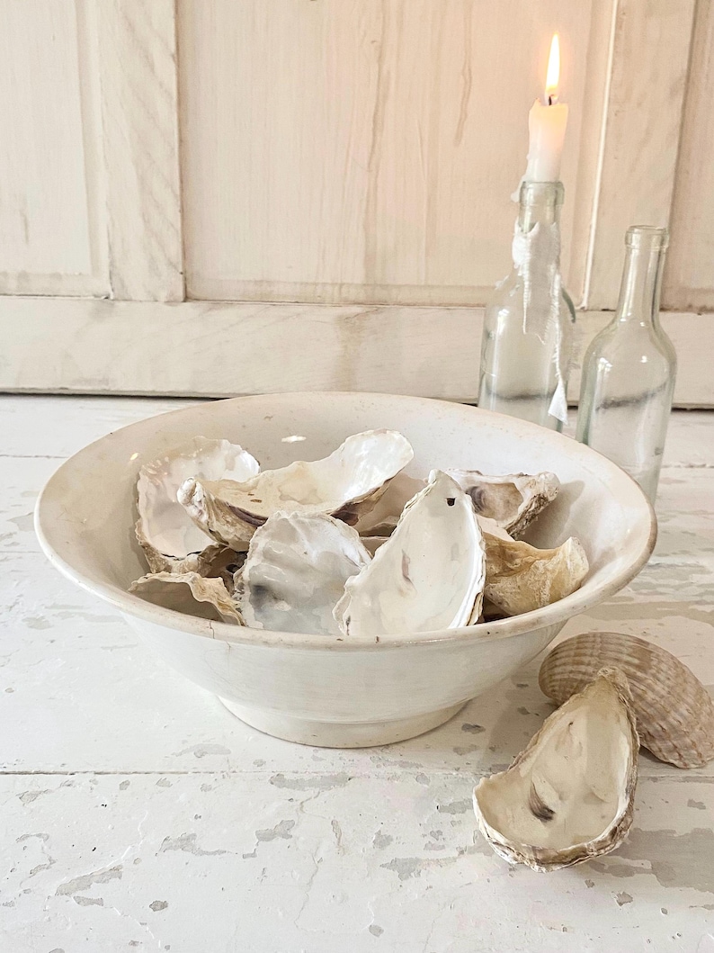 Peut inclure: Un bol en c&eacute;ramique blanc rempli de coquilles d'hu&icirc;tres. Deux bouteilles en verre transparent et une bougie allum&eacute;e dans une bouteille sont en arri&egrave;re-plan. Les coquilles sont blanc cass&eacute; et beiges.