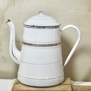 Antique French Large White Enamel Coffee Pot with Gold Banded Detail
