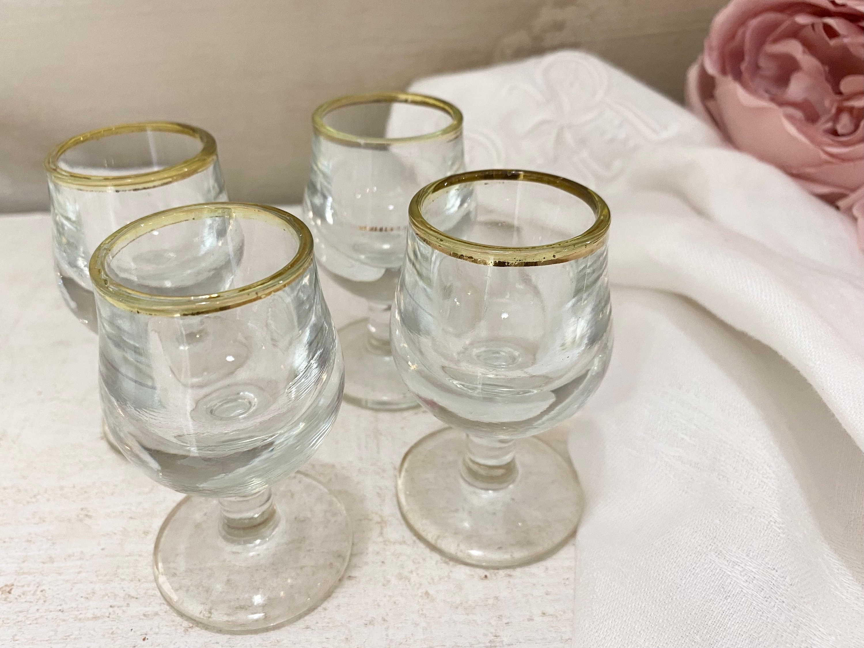 Set of 5 Antique French Bistro Wine Glasses. Cut Glass. Aperitif Glass.  Sherry Glass. Port Wine. Mouth Blown Antique Bistro Glasses. 
