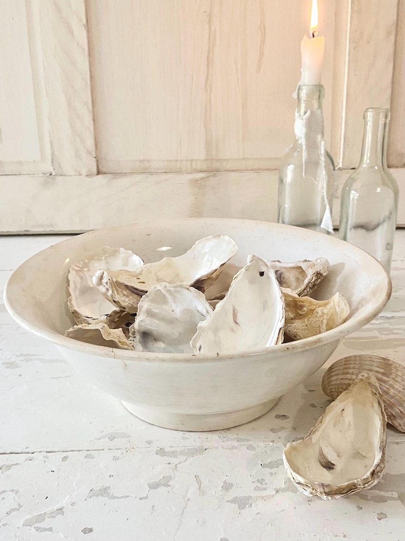 Peut inclure: Un bol en c&eacute;ramique blanc rempli de coquilles d'hu&icirc;tres. Les coquilles sont de diff&eacute;rentes nuances de beige et de blanc. Deux bouteilles en verre transparent et une bougie allum&eacute;e dans une bouteille sont en arri&egrave;re-plan.