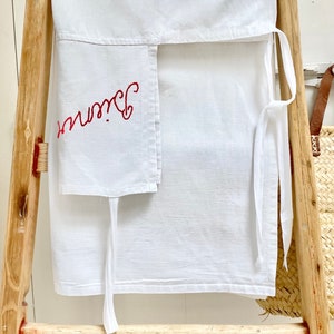 Sweet Vintage French Handmade Wrap Around Apron with Bienvenue Embroidered in Red
