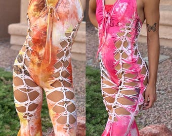 Flow Fairy Slit Weave Jumpsuit Playsuit Bodysuit